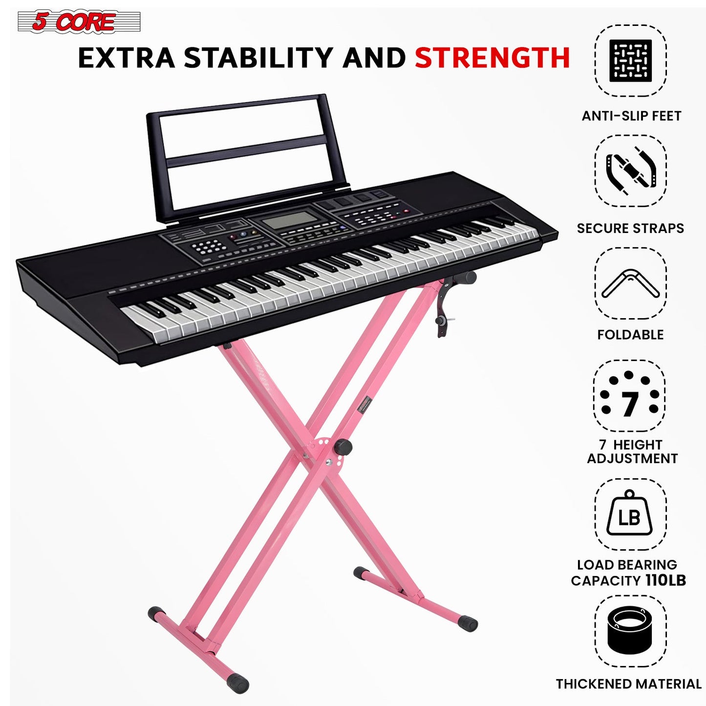 5Core Keyboard Stand Double X Style Adjustable Lift Piano Riser For 49 To 88 Keys BABY PINK-4