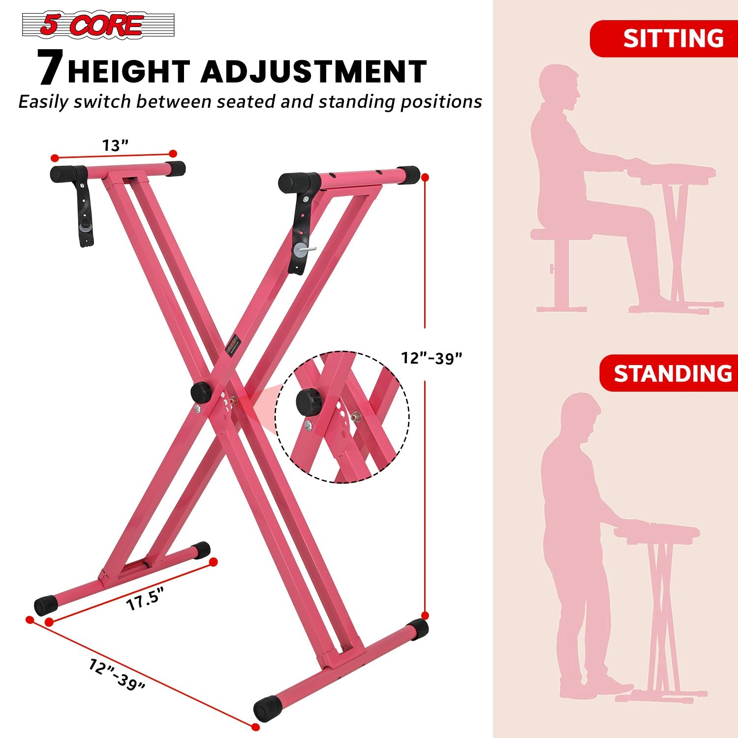 5Core Keyboard Stand Double X Style Adjustable Lift Piano Riser For 49 To 88 Keys BABY PINK-1
