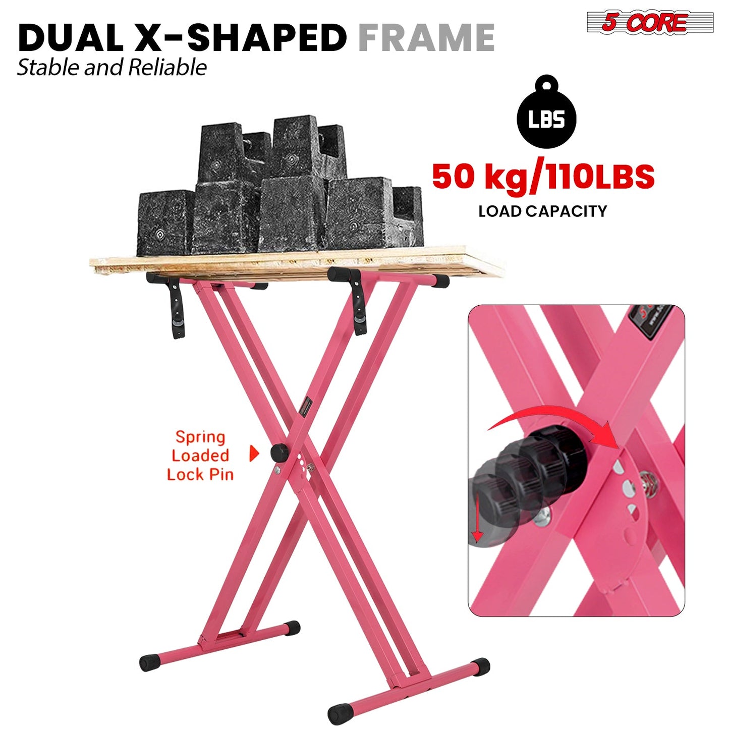 5Core Keyboard Stand Double X Style Adjustable Lift Piano Riser For 49 To 88 Keys BABY PINK-3